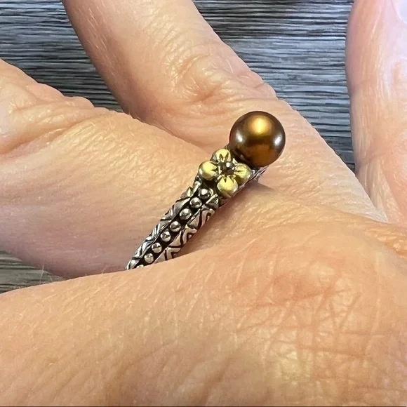 Barbara Bixby Ring Sterling Silver & 18k Yellow Gold Flower Pearl Ring, Size 10 - Picture 9 of 11